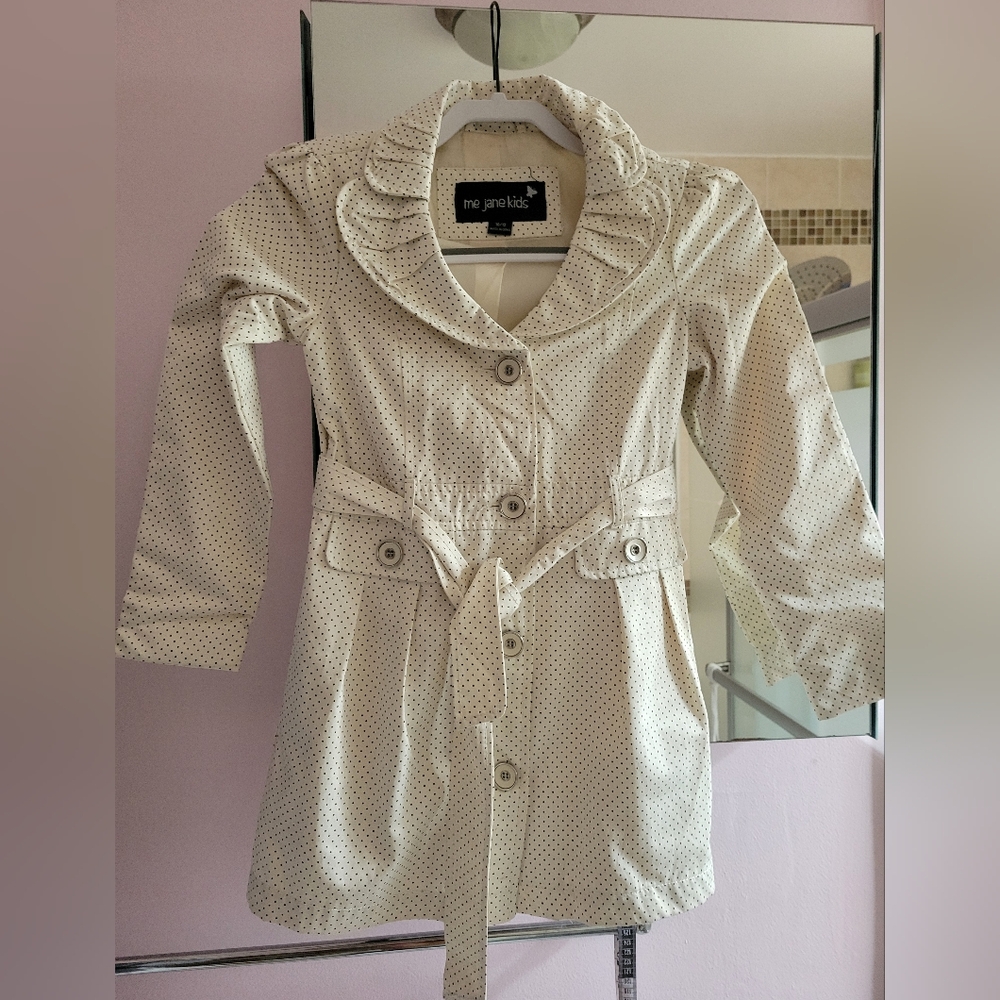 Me Jane Kids Polka Dot Belted Kids Spring Coat - Cream and Black Size 10/12